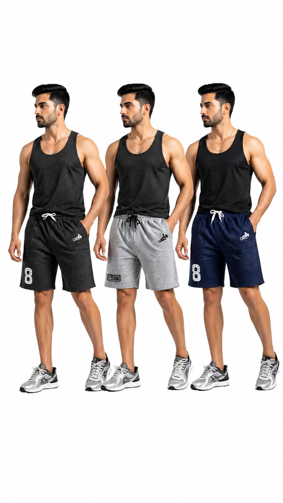 Crazy4 Men's Casual Shorts, Drawstring Elastic Waist, Pack of 3, Black, Navy, Grey-picture-48