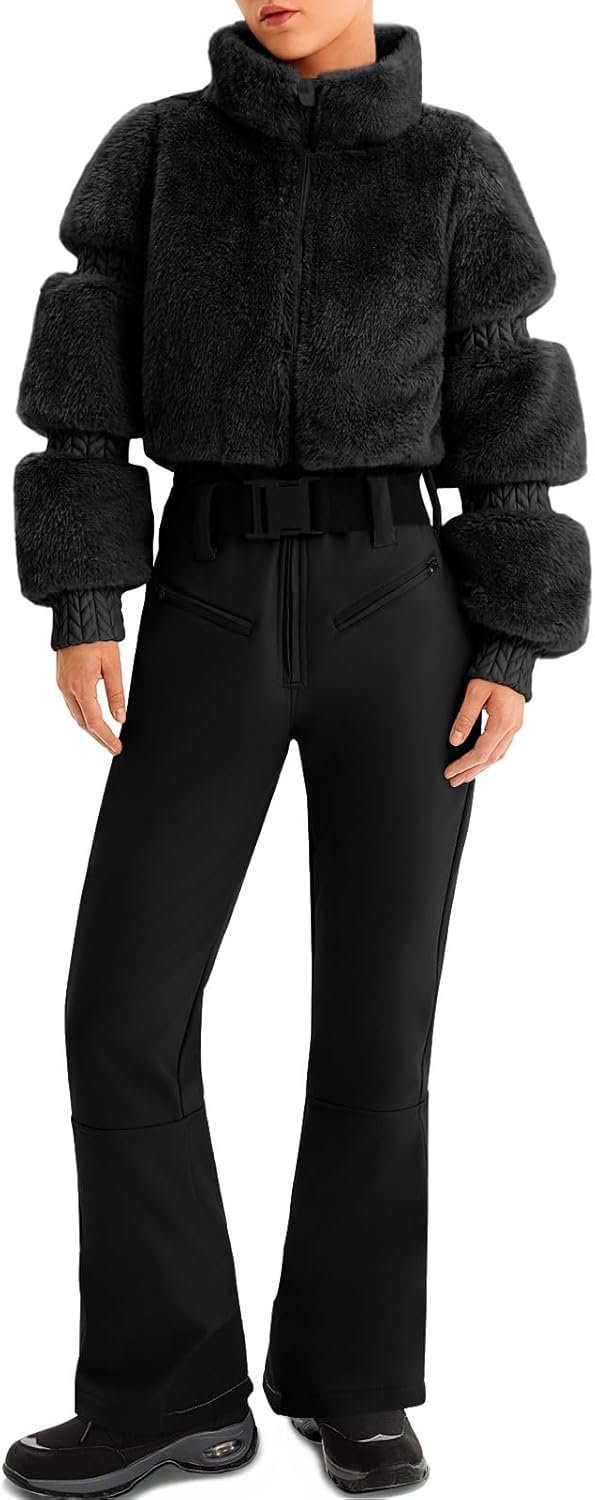 Yousify Womens Snow Suits One Piece Ski Suit Faux Fur Collar Jumpsuit Windproof Winter Warm Ski Outfits for Snowboarding