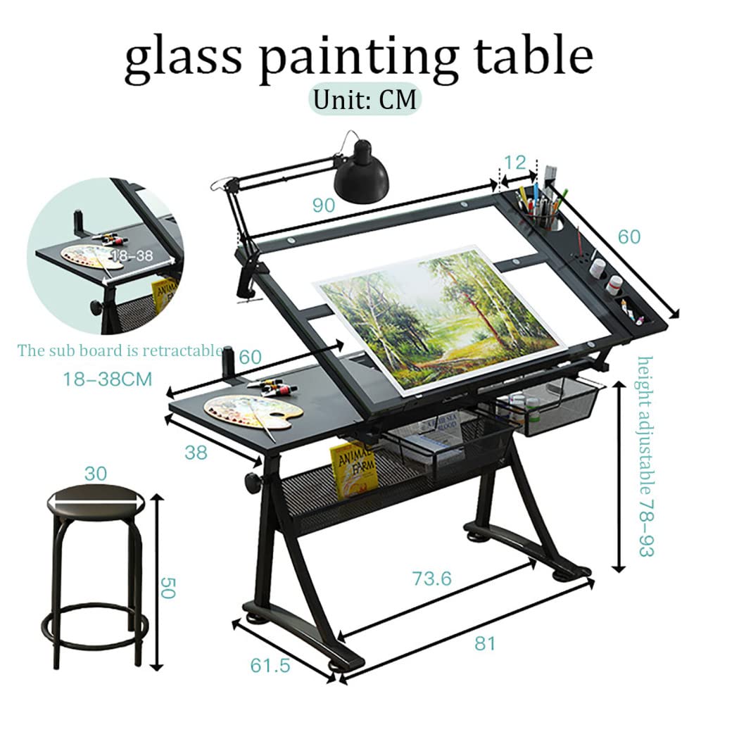 Mesa de dibujo para artistas con taburete, altura ajustable, parte superior de vidrio templado, 2 cajones, escritorio inclinable para leer, dibujar y escribir