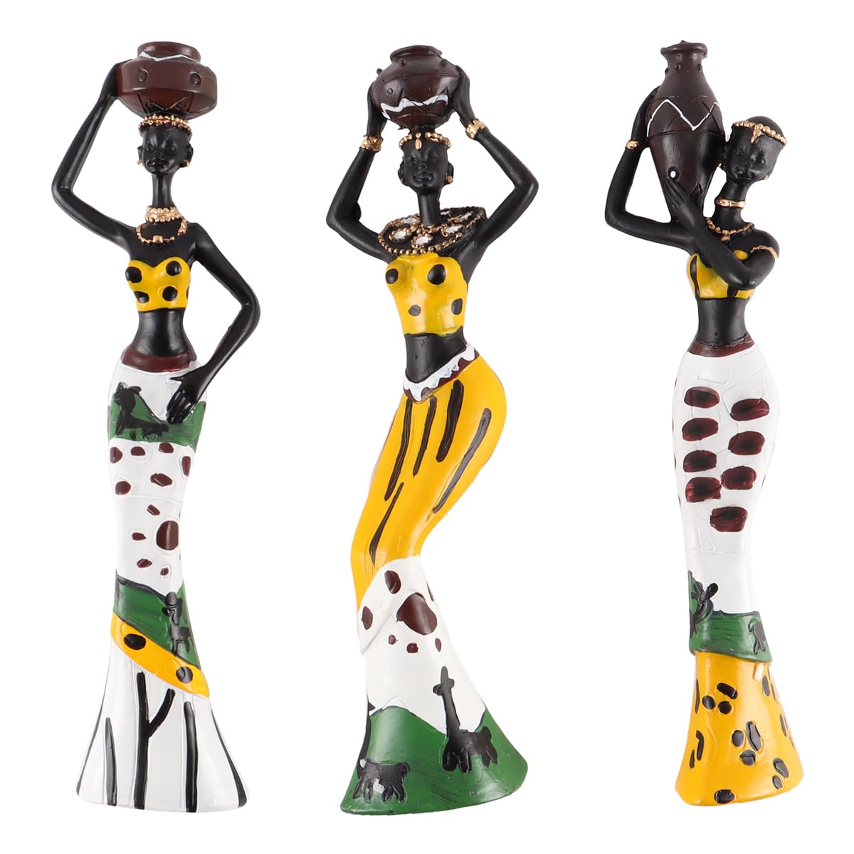Alnicov Set di 3 Sculture Africane, Statue di Donne Tribali Dipinte a Mano per Soggiorno, Studio, Camera da Letto, Arredamento per La Casa, Statue di Donne Africane in Resina