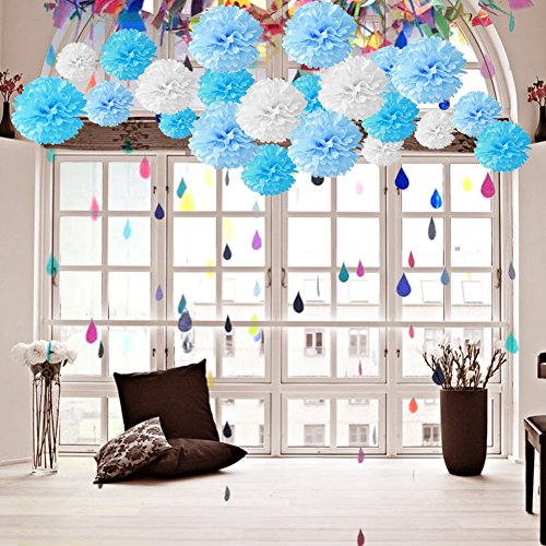 Image of 18pcs Tissue Hanging Paper Pom-poms, Hmxpls Flower Ball Wedding Party Outdoor Decoration Premium Tissue Paper Pom Pom Flowers Craft Kit ( Blue & White), 8 inch / 10 inch / 12 inch