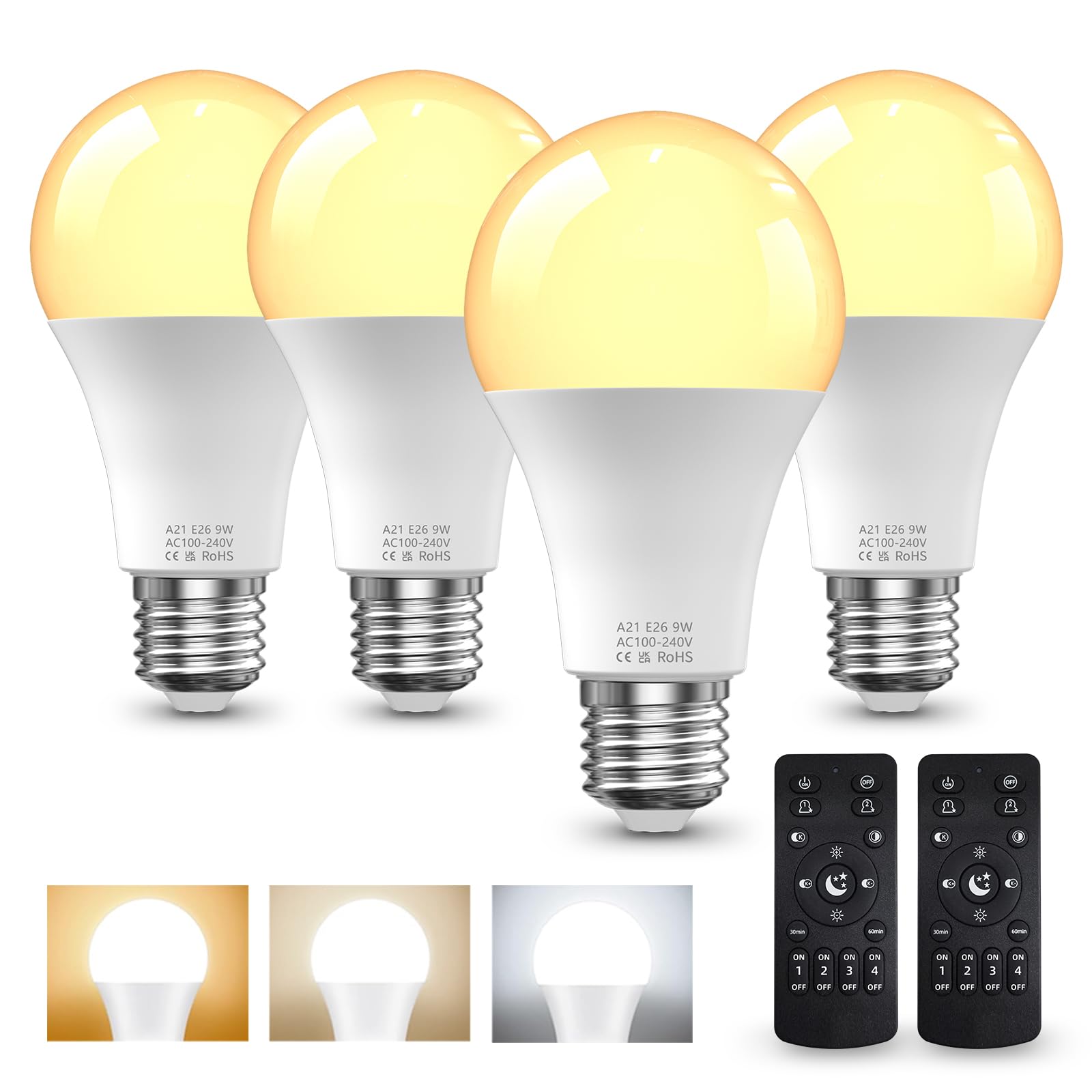 E27 LED Light Bulbs with Remote Control, 9W LED Bulbs 60W Equivalent, 3000K-6000K Stepless Dimmable, E27 Base, Remote Control Light Bulbs with Timing, Memory Function, for Home Decor, 4Bulb & 2Remote