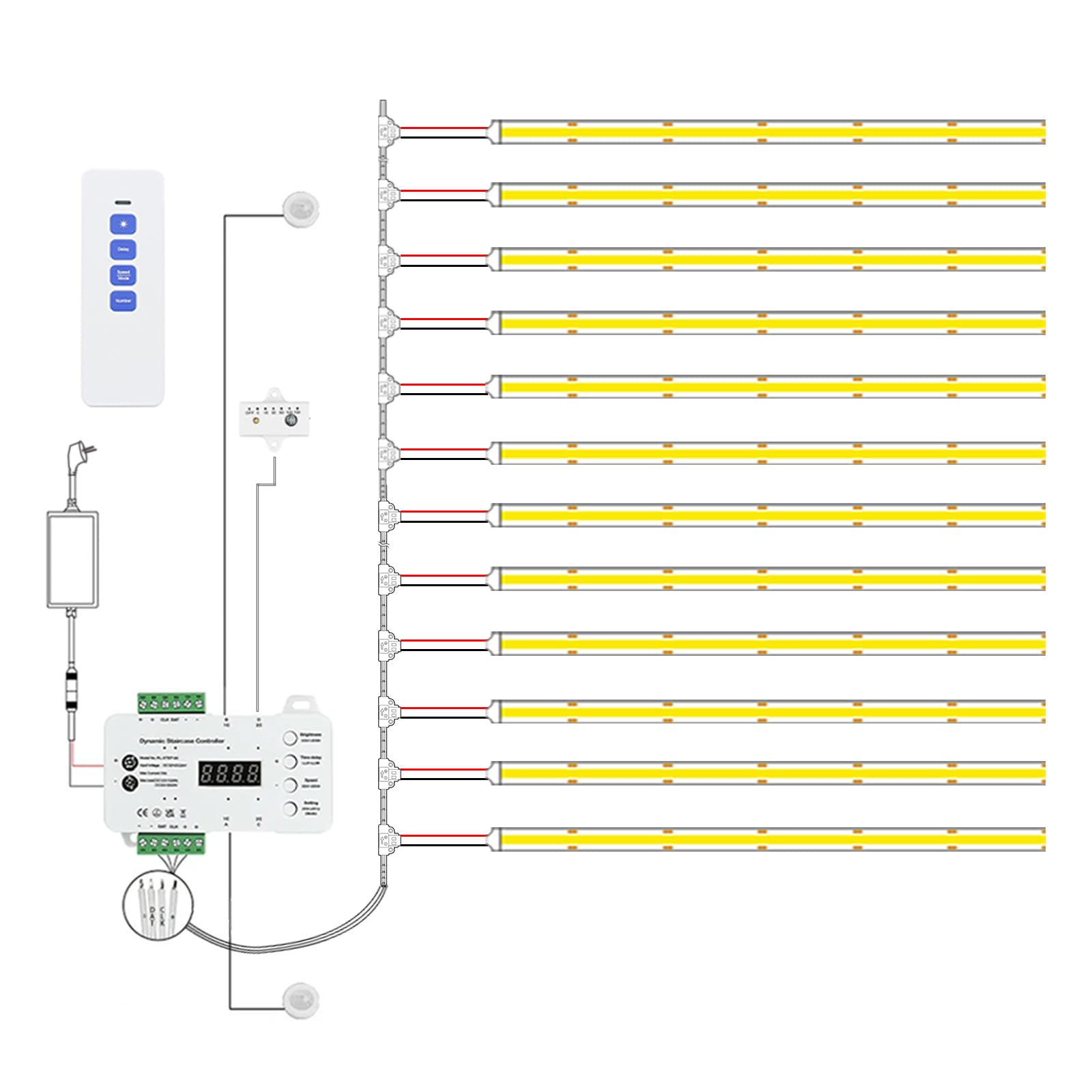 MALIIGAZA Intelligente LED Treppenbeleuchtung 12 Stufen Warmweiß 3000 K mit Bewegungsmelder und Lichtsensor, COB LED Stufenlicht Innen, Smart Treppenlicht Set mit Fernbedienung und Netzteil