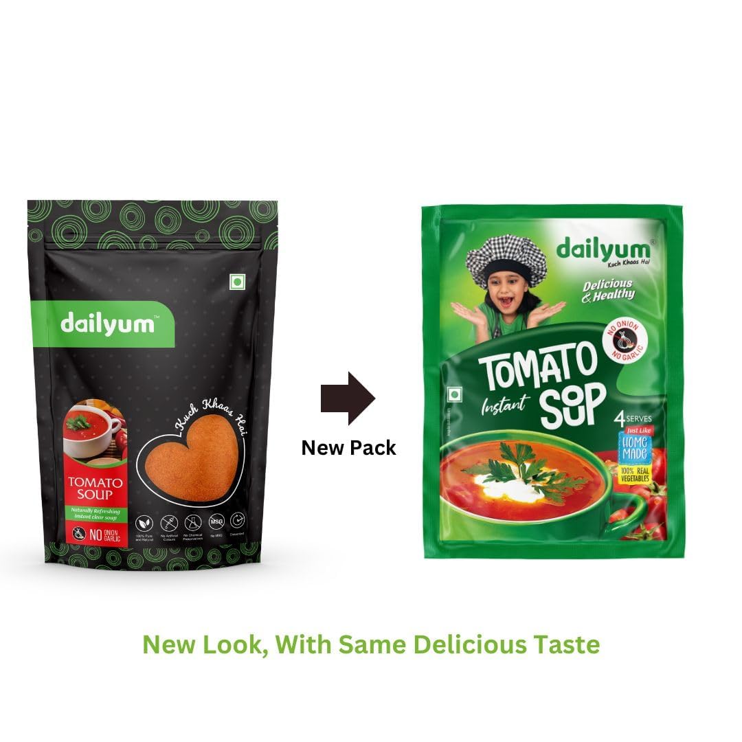 Dailyum Instant Tomato Soup 50g | No Onion No Garlic | Ready To Eat Instant Soup |100% Natural | No MSG | Gluten-free | Serves 4 | Jain | Pack of 5 1