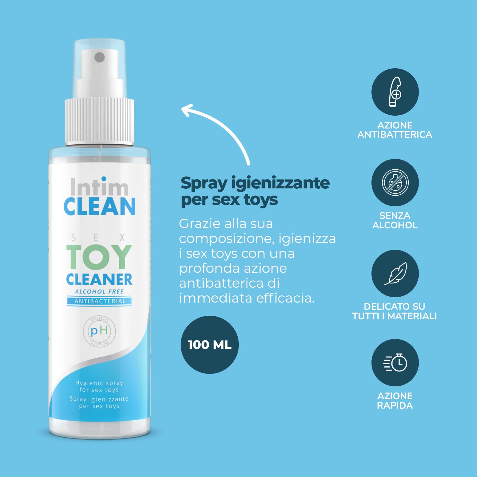 INTIMATELINE | Intim Clean, Sex Toy Cleaner - Detergente e Igienizzante Specifico per Sex Toys, 100% Ipoallergenico con Azione Antibatterica, Alcohol Free, 100 ml