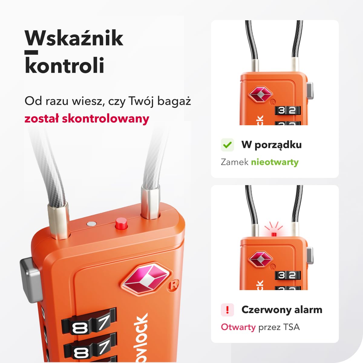 Kłódki TSA ze Wskaźnikiem Otwarcia – Szyfrowe Zamki do Walizek, Plecaków, Bagażu i Szafek – Zamki Podróżne z Elastyczną Stalową Linką, Zestaw 2 Pomarańczowe
