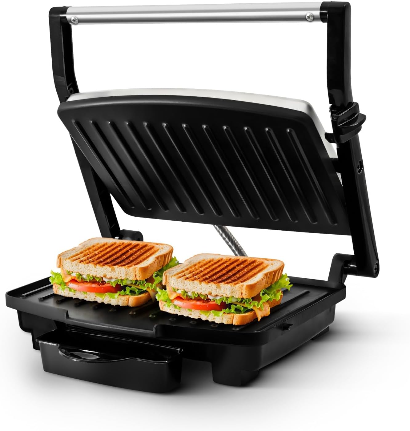 Non Stick Grill Sandwich Maker 1000 Watts With Floating Hinges | Automatic Temperature Cut-Off With LED Indicator | 90° Openable Plates | Panini Maker/Grill/Toast | 1 Year Warranty, Black