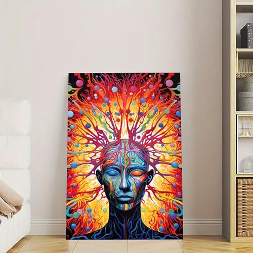 Psychedelic Abstract Mind Canvas Wall Art - Vibrant Visionary Art Print Featuring Brain Connections, Spiritual Energy Face - Colorful Decor for Meditation Room, Living Room, Office 16x24inch