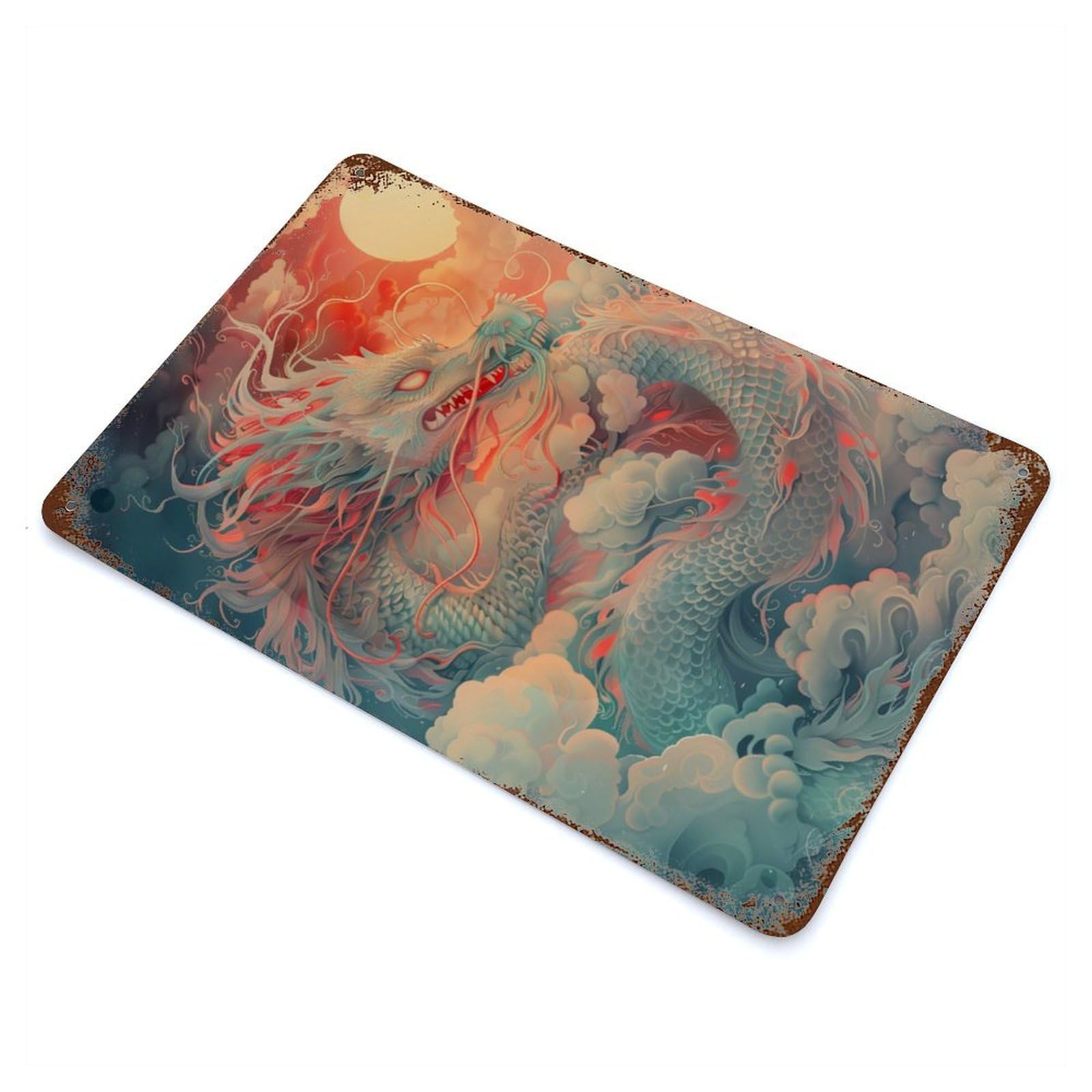 Retro Metal Sign with Kanagawa Dragon in Clouds Design 11.8"x7.9", for Shed, Workshop And Garage Wall Decor, Industrial Home Decor