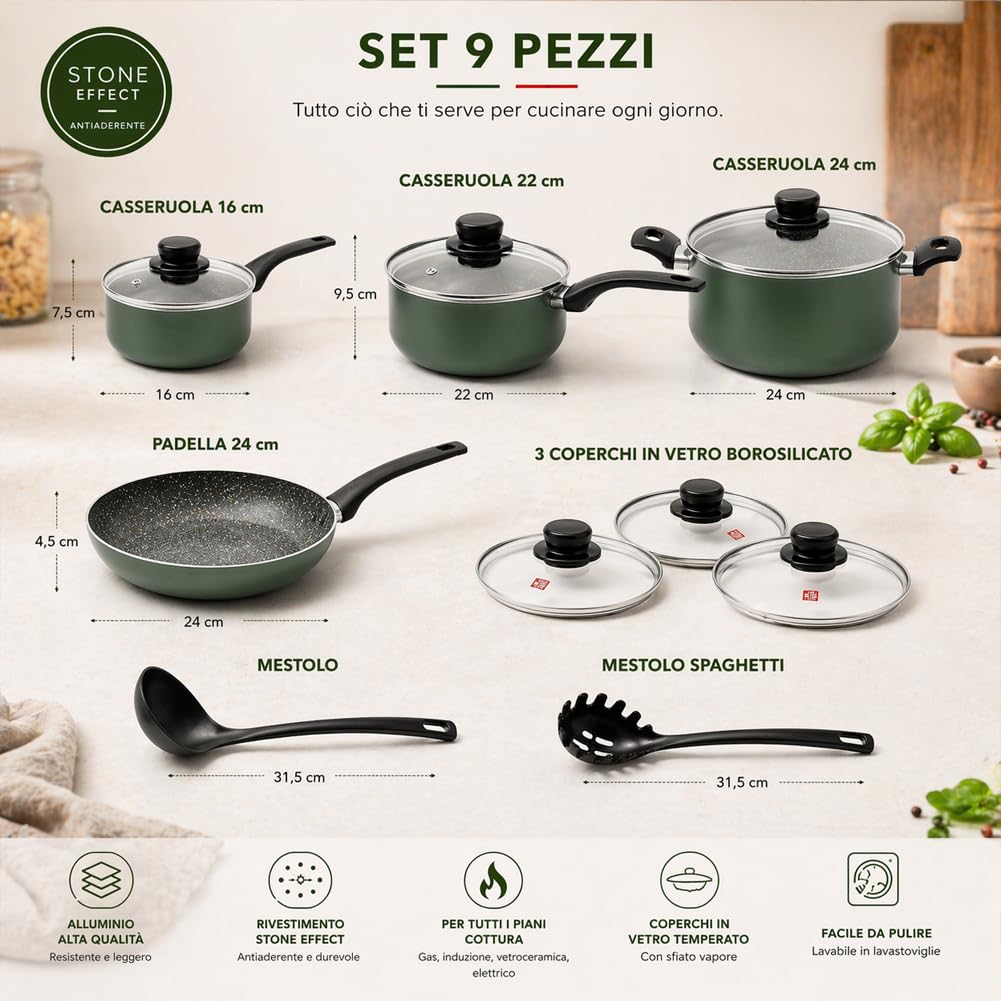 BAKAJI Batteria di Pentole Natura Più Colore Verde con Fondo Antiaderente e Manico Cool Touch, Accessori Mestoli, Impugnatura Ergonomica, Coperchi in Vetro, Casseruola e Padella con Cottura Omogenea