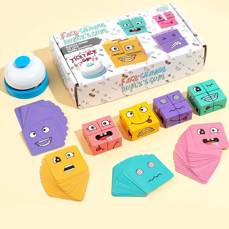 Goyal's Wooden Emoji Cube Face Changing Game for Kids | Expressions Matching Block Puzzle Toy, Preschool Educational Learning Memory Building Board Games (Bell Face Cube)