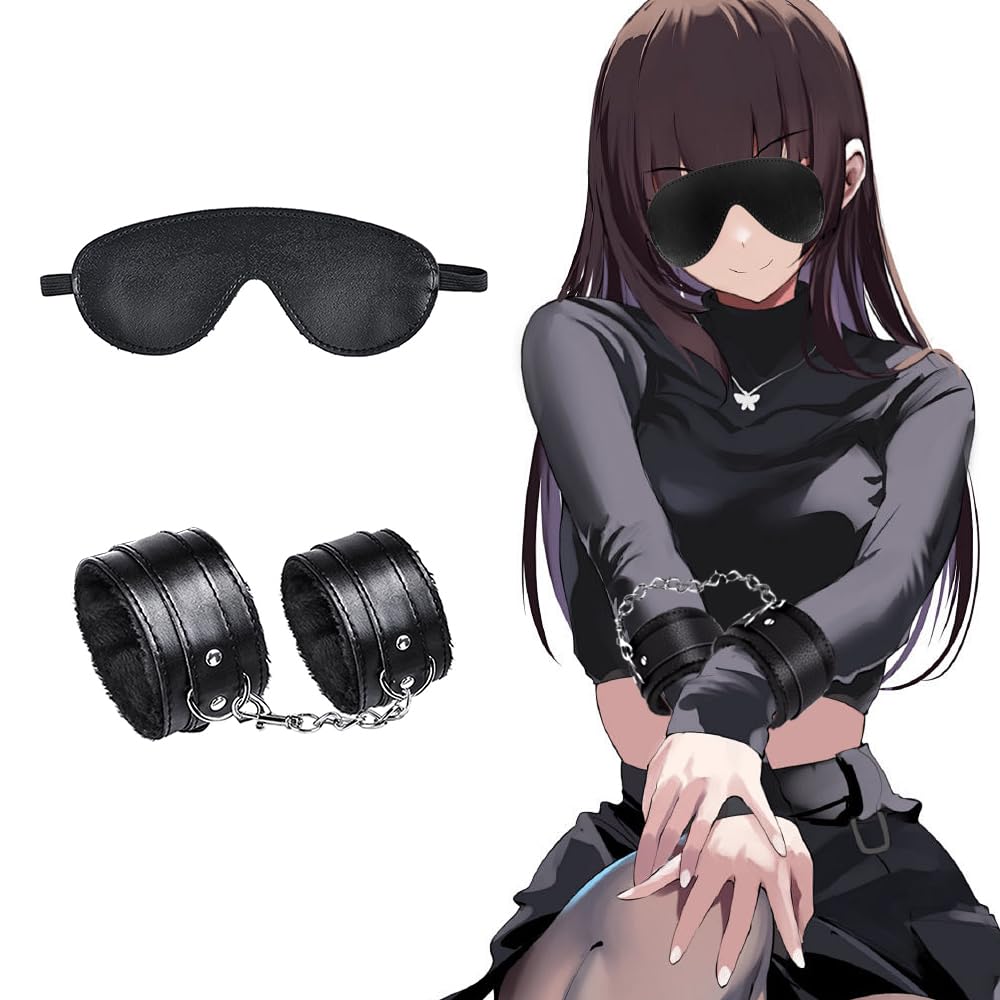 Qoosea Sex Bondage Kits Esposas BDSM Esposas Fluffy Máscara Ajustable para Los Ojos Juego de Esposas para Juegos Sexuales BDSM (Negro)