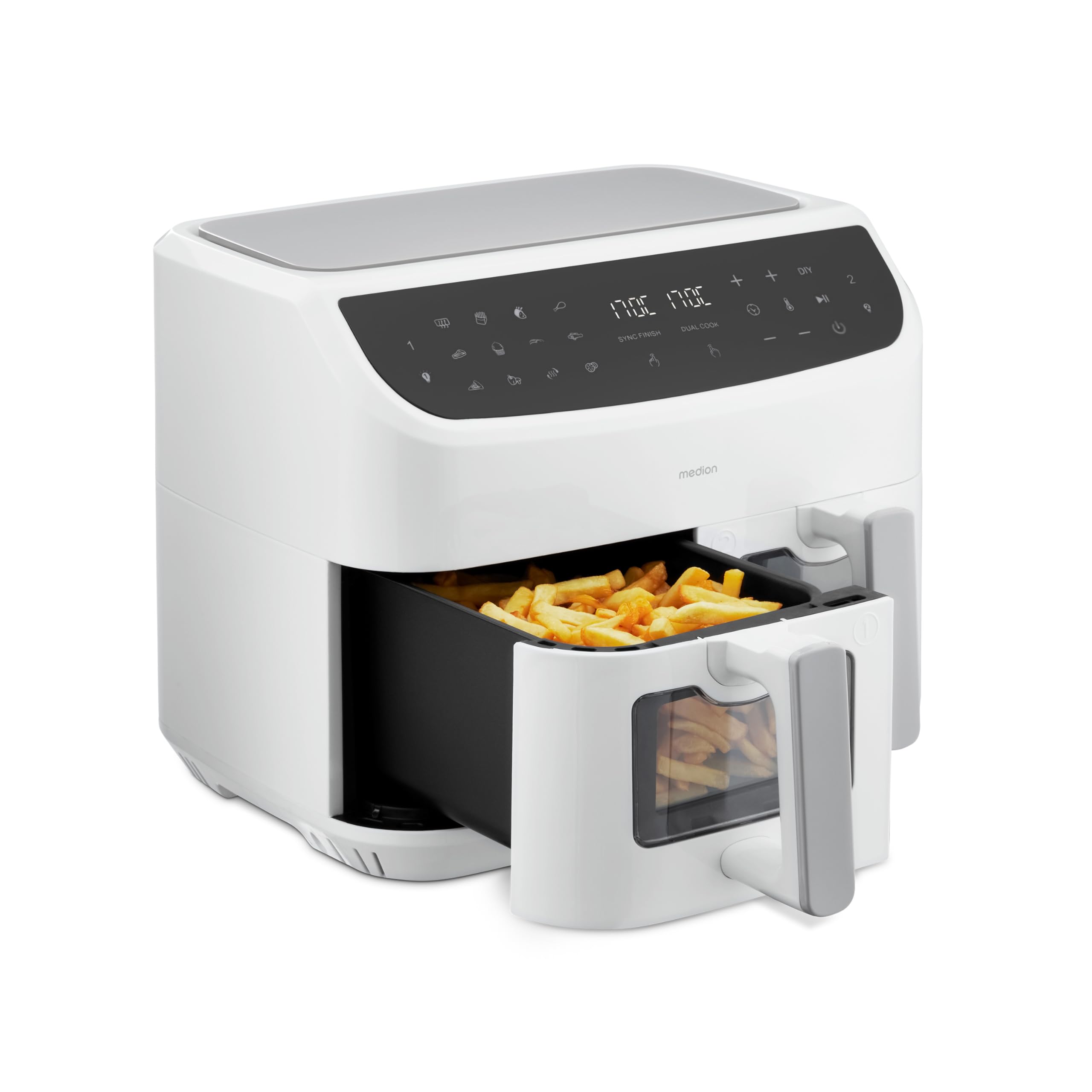 MEDION P20 XXL Freidora de Aire Doble Cesta MD11760 Blanco | 8,7 L, 2600 W, 10 Programas, 2 Cajones, Ventana, Air Fryer Dual XXL