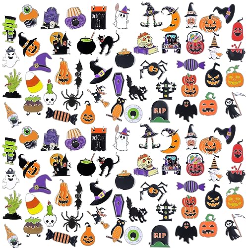 Ceenna 100 Pcs Halloween Enamel Pins Bulk Cute Cat Skull Ghost Skeleton Pumpkin Vampire Witch Bats Spider Lapel Pins Punk Horror Spooky Goth Brooches Halloween Accessories for Backpack Clothes Bags