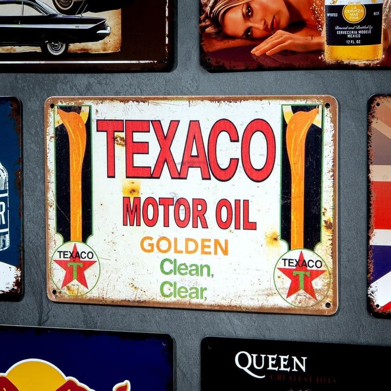 Image of Eazywagon Decorative Retro Metal Signs Wall Plate - 12x8 Inch (Texaco Motor Oil) | Weatherproof Vintage Metal Sign Plate for Cafe, Home, Bar, Garage | Decorative Wall Hanging Sign Board