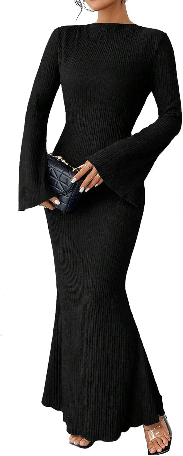 Narecte Fall Dresses for Women 2025 Maxi Dresses Solid Color Flare Sleeve Bodycon Dress Black L