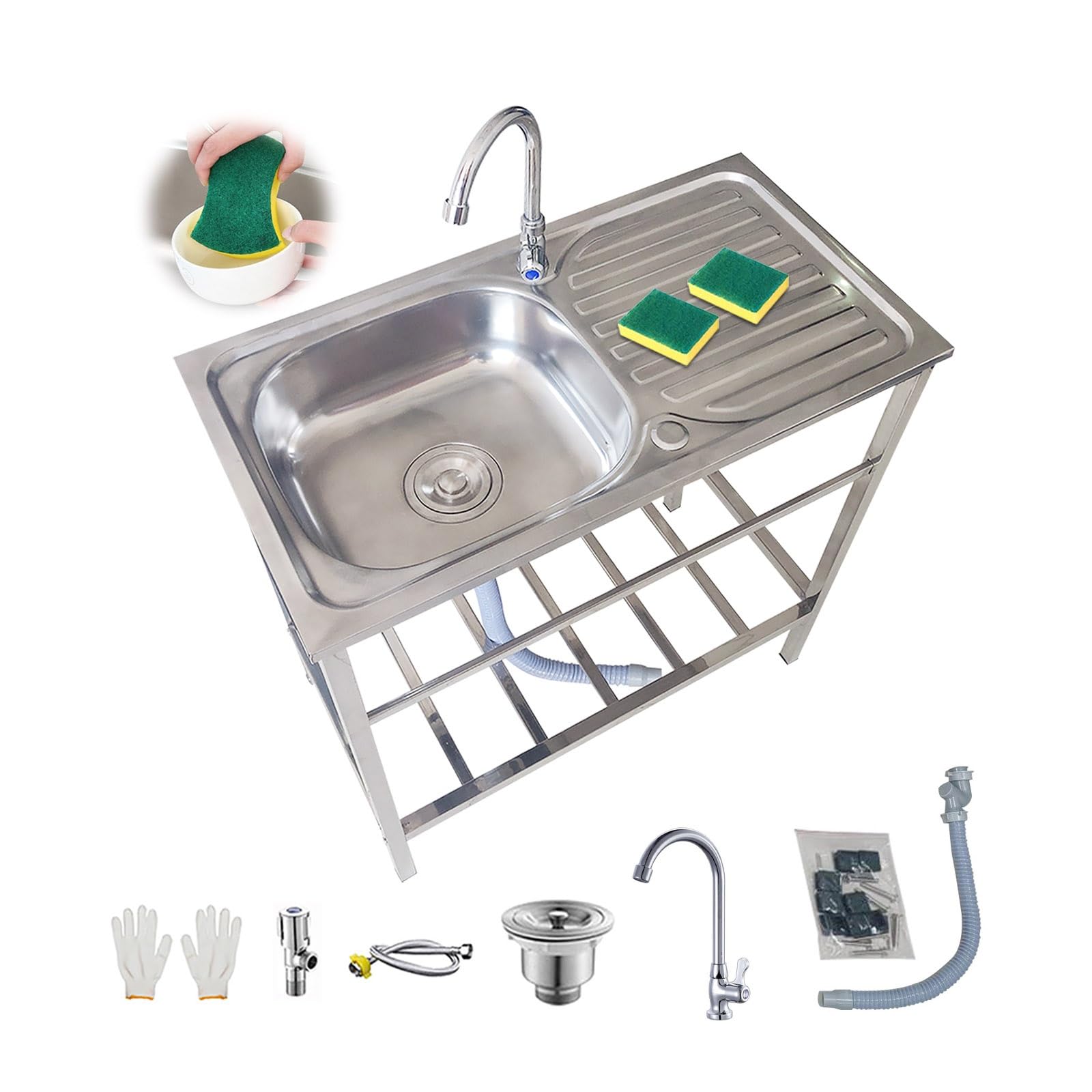 Extérieur Évier De Jardin Évier Sur Pieds En Acier Inox 1 Bac Mobile Cuisine Commercial Autoportant ÉVier avec Robinet Évier Utilitaire pour Sous-sol Restaurant Facile à Nettoyer 75x40xH75cm