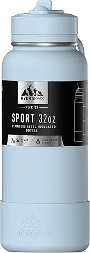 Hydrapeak Botella de Agua Deportiva Aislada de 32 oz con Tapa con Popote, A Prueba de Fugas y Derrames, Mantiene las Bebidas Frías Durante 24 Horas,