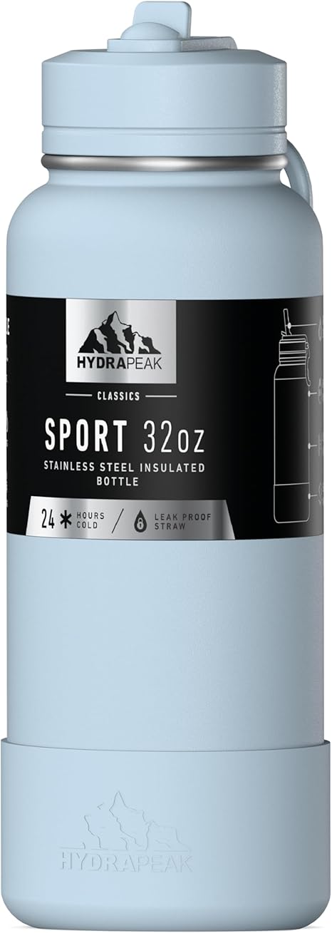 Hydrapeak 32oz Sport Insulated Water Bottle with Straw Lid, Leak & Spill Proof, Keeps Drinks Cold for 24 Hours, Hot for 12 Hours, Premium Stainless Steel Water Bottles (32oz, Powder Blue)