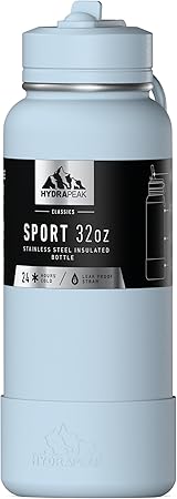 Hydrapeak 32oz Sport Insulated Water Bottle with Straw Lid, Leak & Spill Proof, Keeps Drinks Cold for 24 Hours, Hot for 12 Hours, Premium Stainless Steel Water Bottles (32oz, Powder Blue)