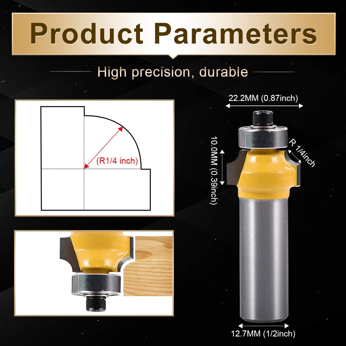 KATUR Roundover bit, Round Over Beading Edging Router Bit, Corner Rounding Edge-Forming Bit Set with 1/2 Inch Shank (1/2" Shank;1/4" Radius)