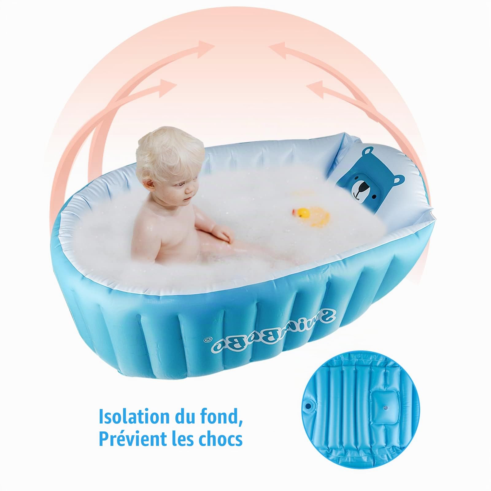 Baignoire Pliable Bébé Portable Gonflable, Piscine Bébé, Baignoire de Voyage Souple Réutilisable (0-5 ans) + Pompe à Air, Bleu
