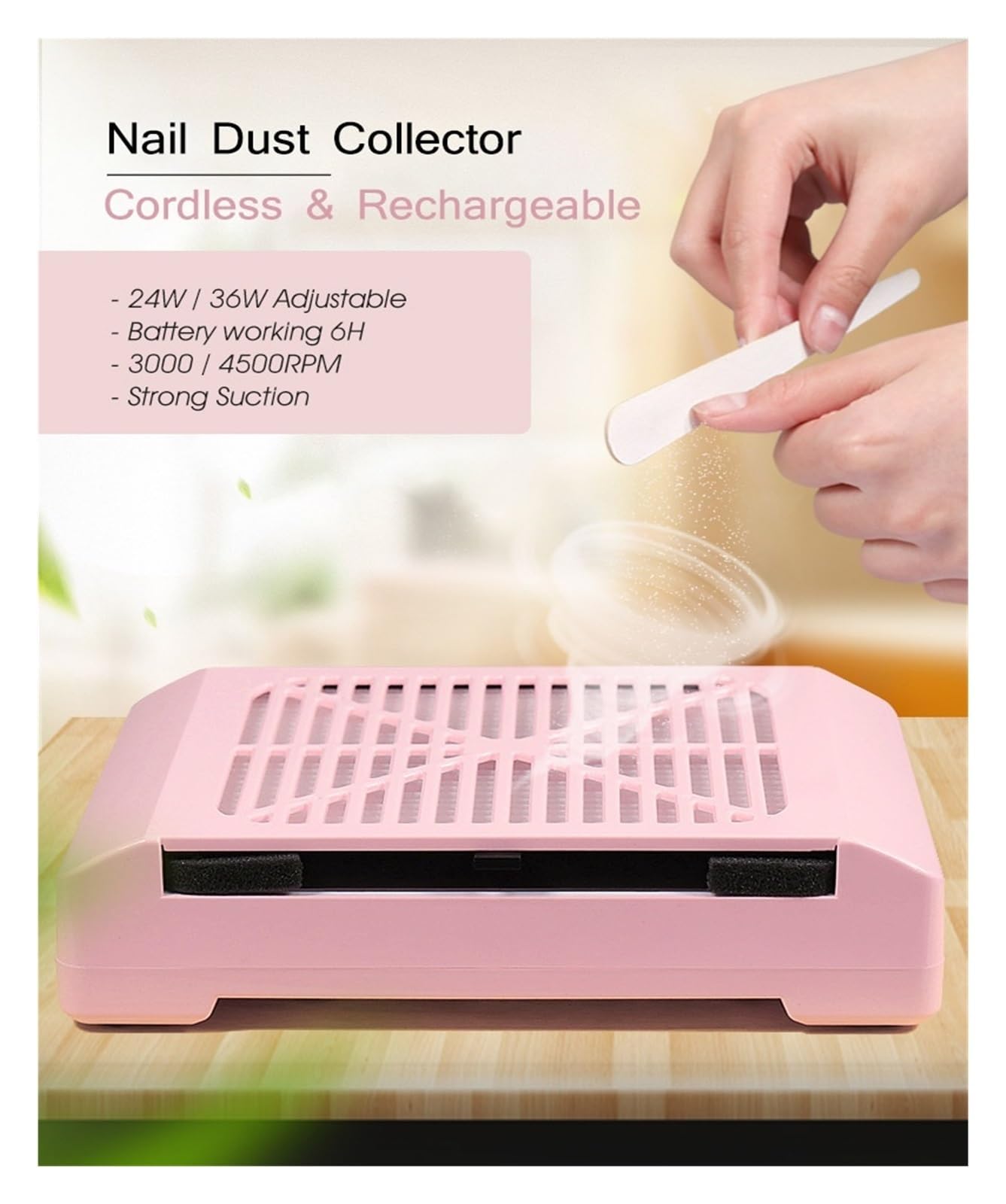 Pochłaniacz pyłu do paznokci, Wielofunkcyjny zmywacz do paznokci Maszyna do manicure Odsysający, bezprzewodowy, akumulatorowy odkurzacz do paznokci(Pink)