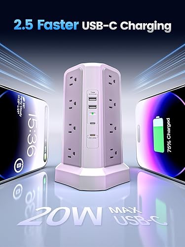 Miniatura 4 de Protección contra sobretensiones con tira de alimentación PD20W USB C, cable de extensión más grueso de 13A con múltiples tomas de 6 pies, tira de