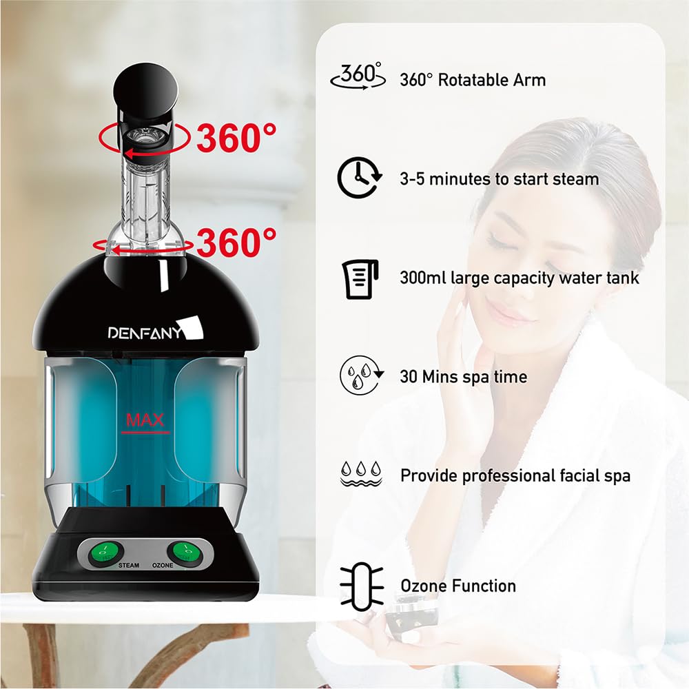 Facial Steamer - DENFANY Nano Ionic Face Steamer with Extendable 360° Rotating Arm - Portable Facial Steamer for Personal Care at Home or Salon (): Black