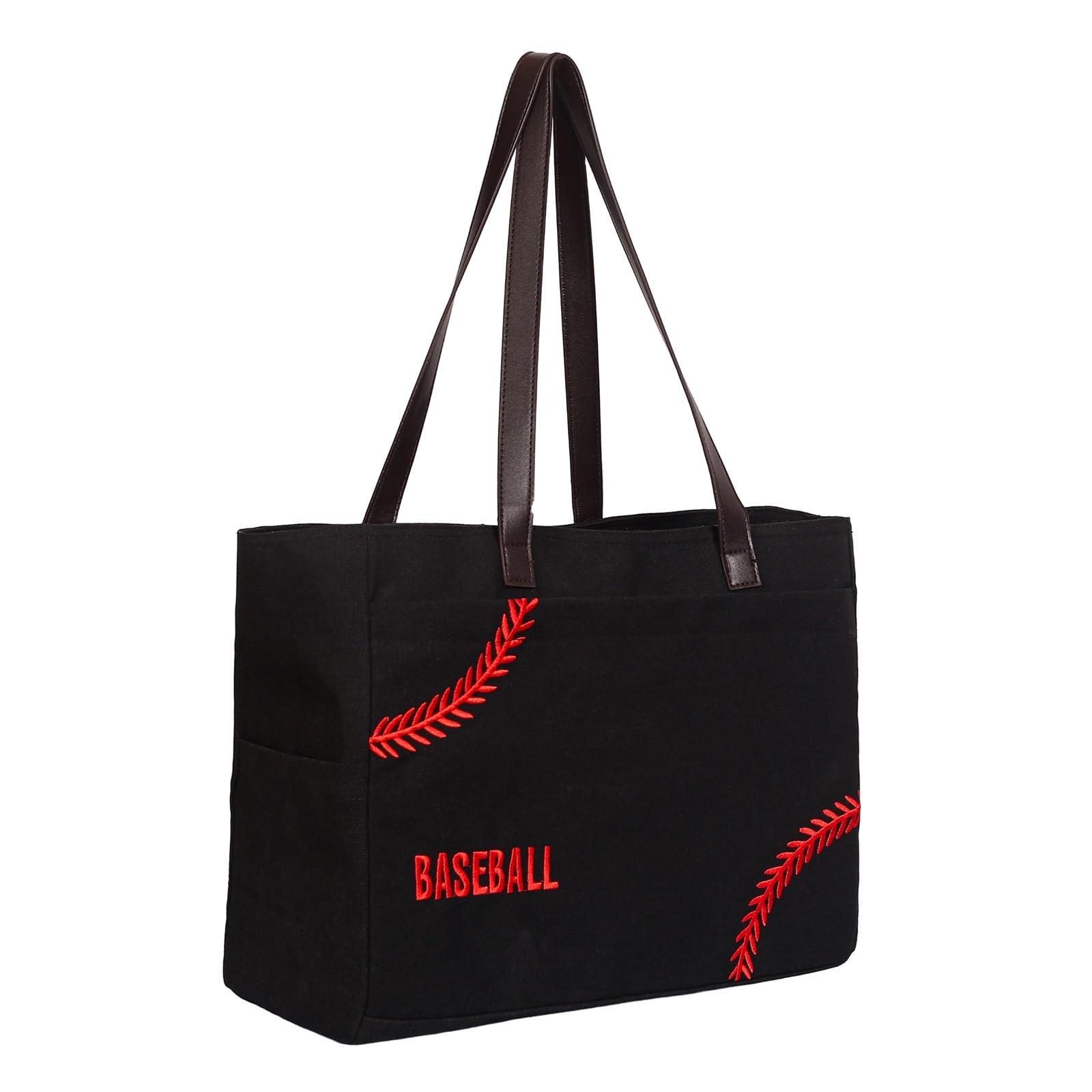 Baseball Mom Canvas Tote Bag, Large Shoulder Handbag with Pockets, Baseball Gifts for women coaches (Black, X-Large)