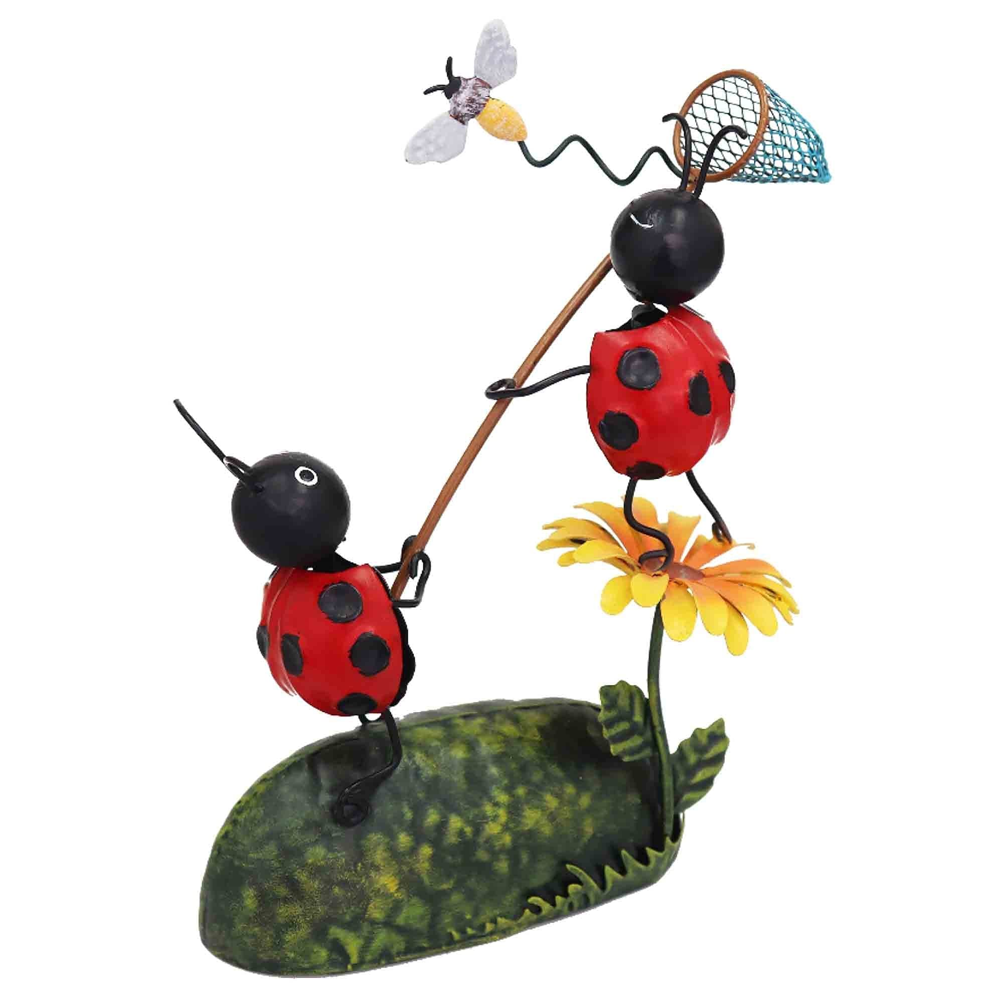 Primus Silver Ladybirds Catching Dragonfly Metal Garden Decoration Ornament
