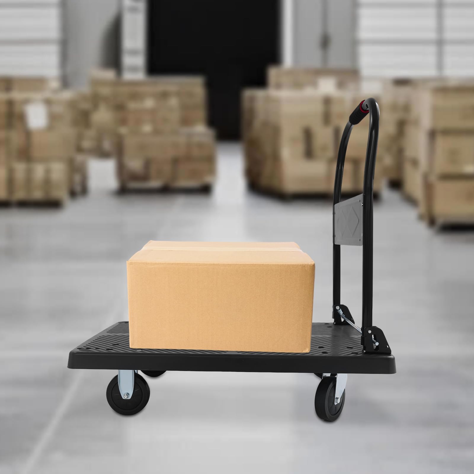 Klappbarer Plattformwagen Transportwagen aus Stahlrohren mit Anti-Rutsch-Muster, Handwagen Materialtransporter Transporthilfe Bis 400 kg Tragkraft, Schwarz Einhand-Klappwagen mit Bremsen