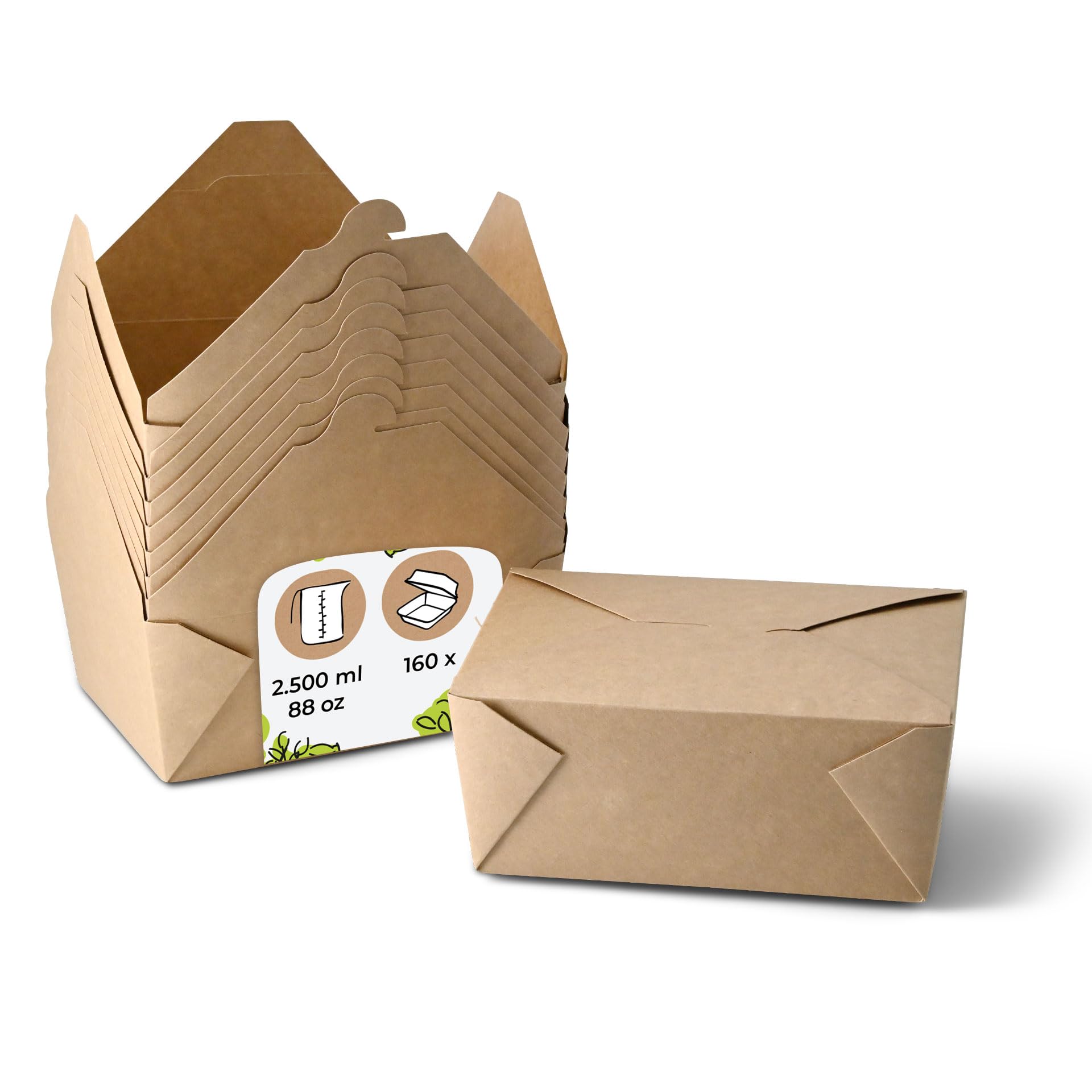 BIOZOYG Take Away Box Essen 160 Stück 2500 ml Kraftkarton Braun - Lunchbox Faltbare Deckel PE beschichtet - Snackbox Einwegschalen Karton Pappschalen Nudelbox Speisebox für Essen Ramen, Nudeln To Go