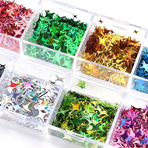 Star Nail Art Stickers Glitter Four-Pointed Star Flakes Nail Art Sequins Paillette Confetti Holographic Laser Shining Gel Colorful Nails Decoration Diy Acrylic Nail Supplies Manicure Tips 12 Grids #TOP6
