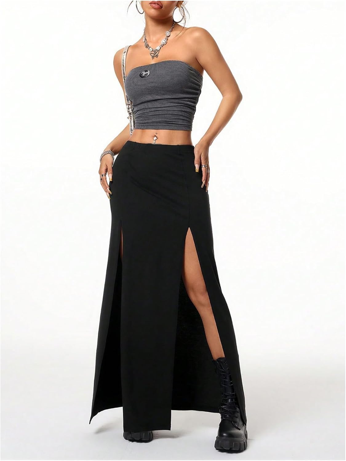 Women's Casual High Elastic Waist Slit Maxi Skirts, Stretchy Bodycon Wrap Long Club Skirt for Night Out Party - Image 6