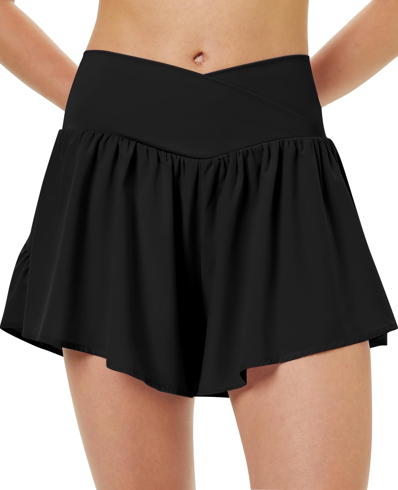 Photo 1 of Women's Athletic Shorts High Waist Crossover 2-in-1 Side Pocket Workout Flowy Butterfly Skorts Black SIZE Medium