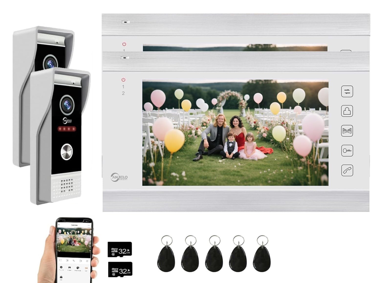 ANJIELO SMART Tuya - Videocitofono cablato Tuya, monitor con telecamera WiFi da 7 pollici 1080p, supporto per visione notturna, rilevamento movimento PIR e registrazione automatica (2 campanelli + 2