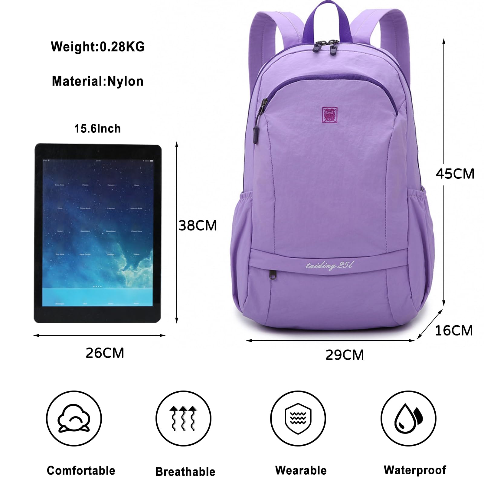 Faltbarer Rucksack Wanderrucksack 25L Reiserucksack Leichter Wasserdichter Daypack Hiking Backpack für Damen Herren Trekking Reisen Sport Täglicher Gebrauch Lila