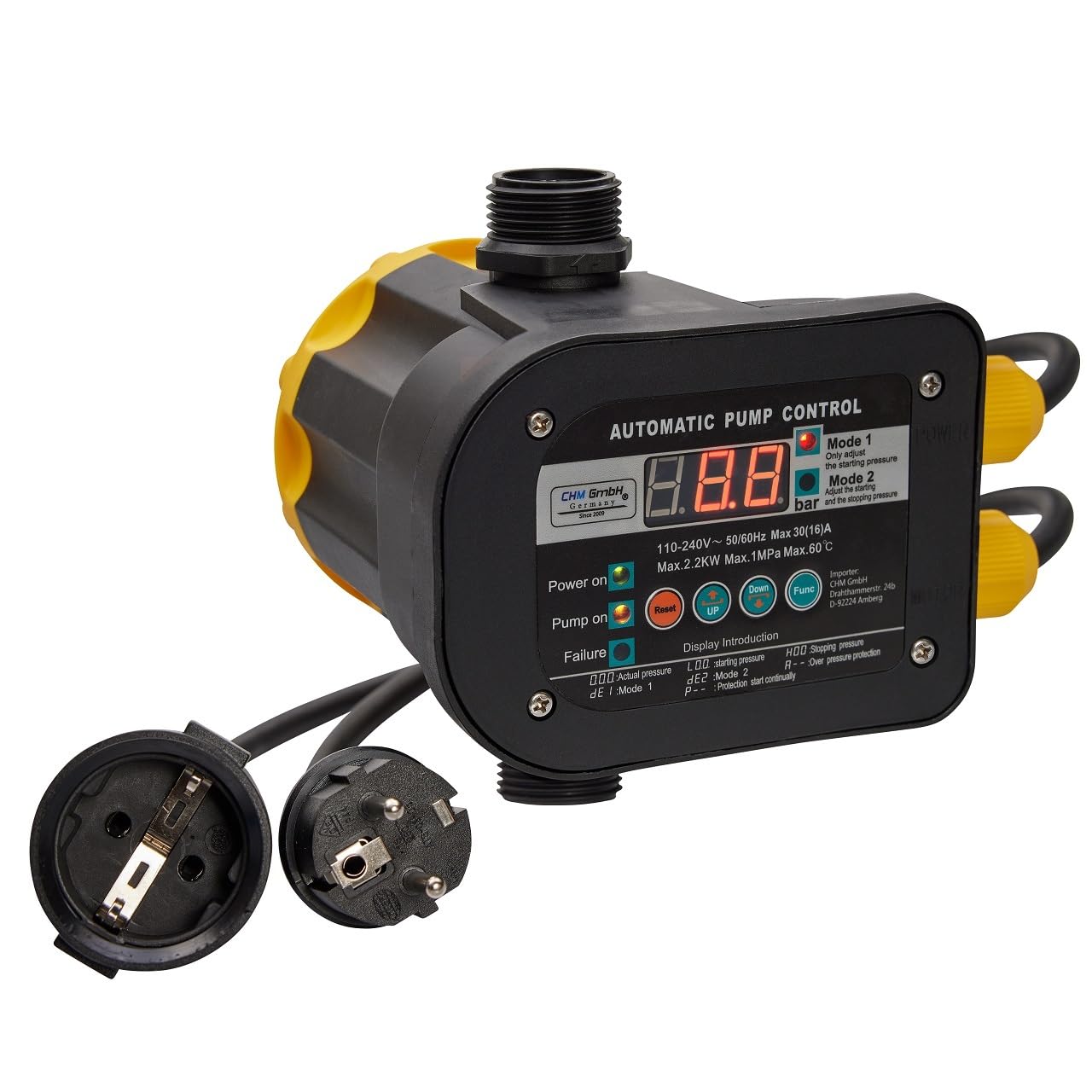 Control digital de la bomba de hasta 2,2 kW y 10 bar, interruptor de presión, presión de encendido y apagado ajustable, pantalla LCD, protección contra marcha en seco, bomba de jardín