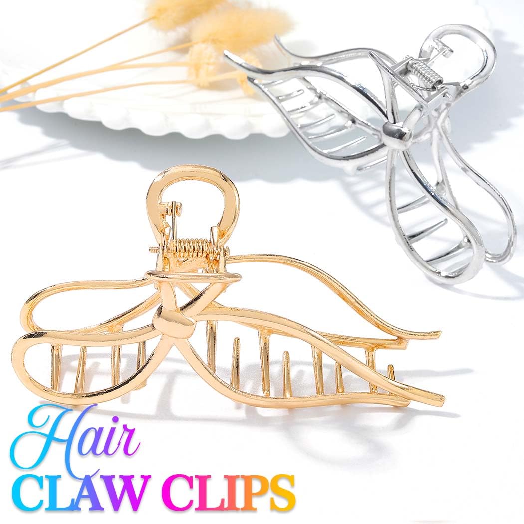 Reaky Bow Claw Clip Gold Metal Hair Clips Large Hair Claws Hair Accessories for Women, Gold,Silver, 1 count (Pack of 2) - Image 2