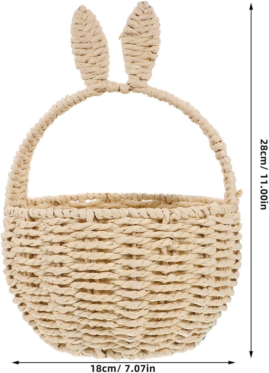 Hemobllo Wicker Easter Basket with Bunny Ears - Large Woven Storage Basket with Handle - Natural Paper Rope Easter Egg Hunt for Kids & Toddlers - Cute Rabbit Gift for Spring Party Favors & Home