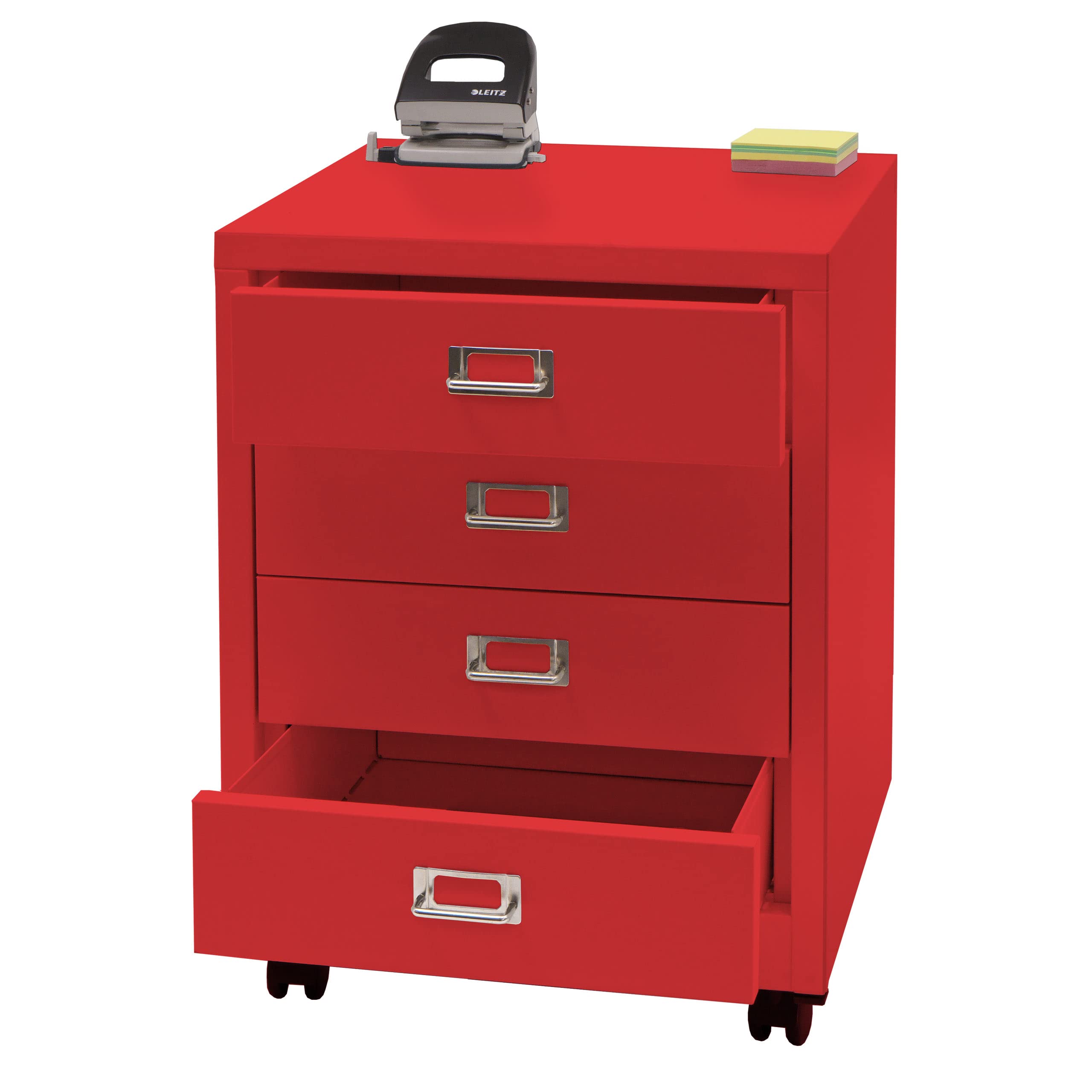 Mendler Rollcontainer HWC-L49 55x40x41cm 4 Schubladen - rot | Schubladenschrank, Stahlschrank, Aktenschrank, Metall