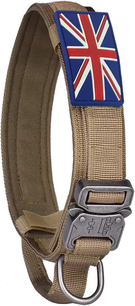 AIRGINE Tactical Dog Collar K9 Pet Dogs with UK United Kingdom Flag Patch - Military Training Collar Adjustable Nylon Heavy Duty Metal Buckle and Handle for Medium Large Dogs Size M L XL