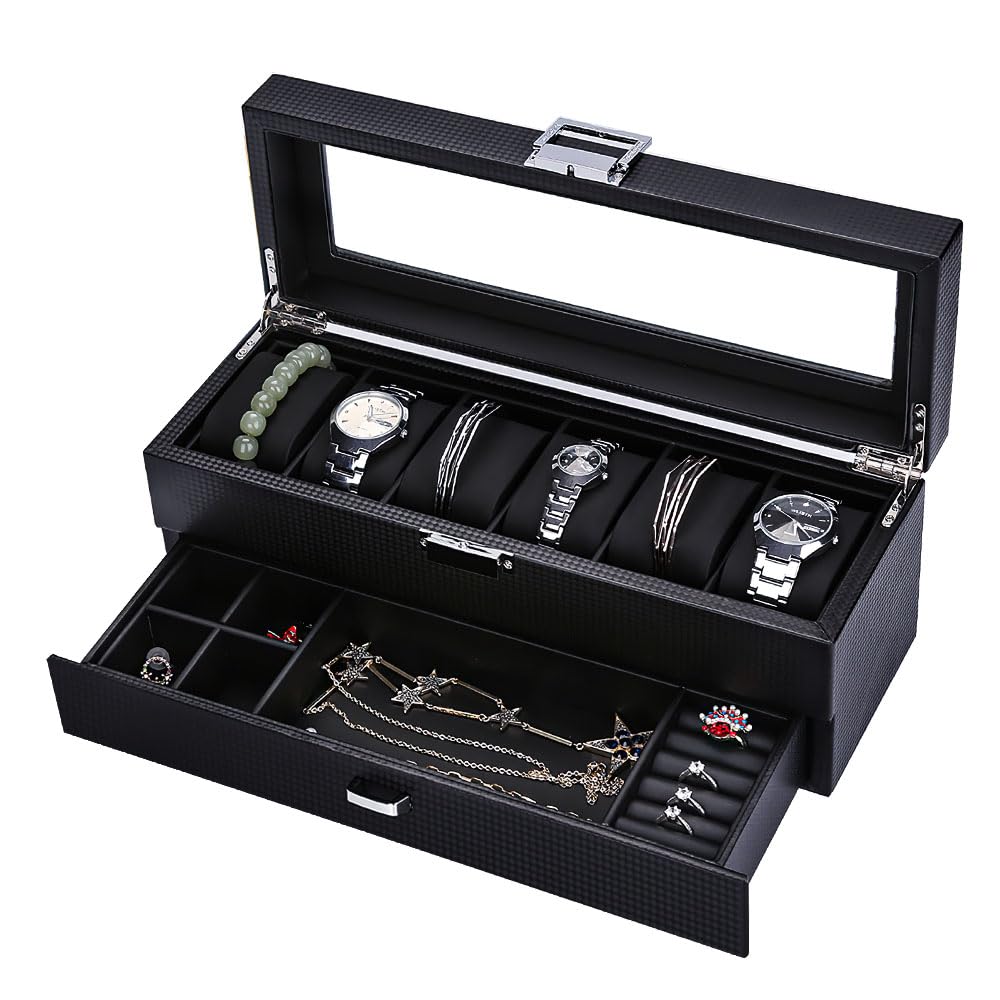 Leather Watch Box -Watch Display Case for Men-6 Slots Watch Case storage with Valet Jewelry Drawer by Carbon Fiber Design, Real Glass Window Top and Lockable … (6 Slot with Drawer)