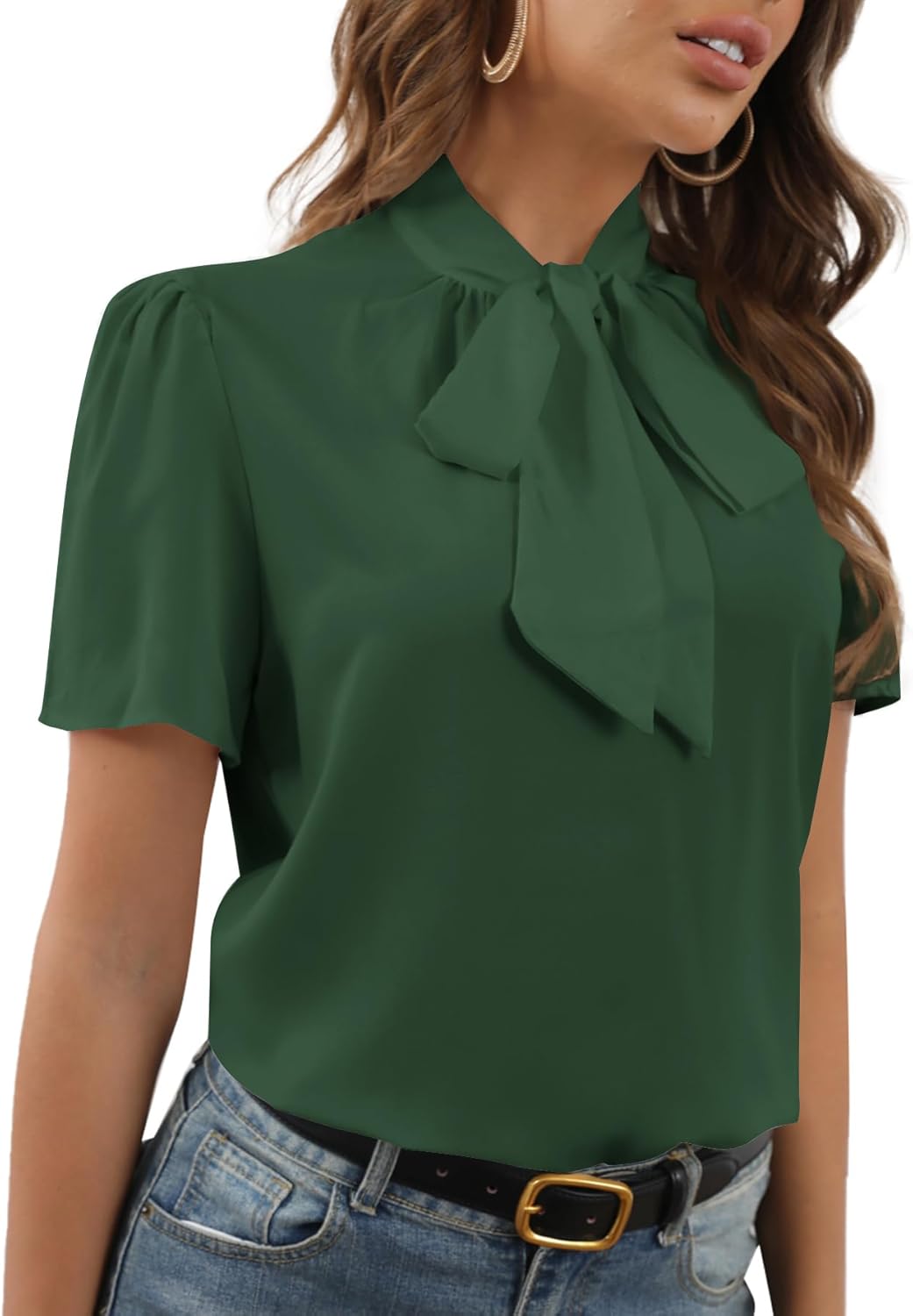 Rooscier Women's Bow Tie Knot Mock Neck Short Sleeve Elegant Workwear Blouse Shirt Top - Image 3