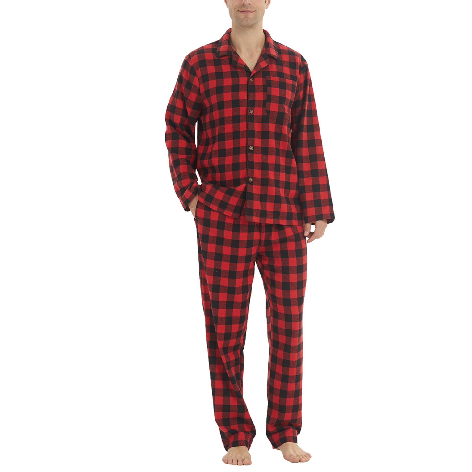 Pigiama da uomo in flanella di cotone, a quadri, con tasca, a maniche lunghe, top e pantaloni, 2 pezzi, biancheria da notte morbida invernale calda