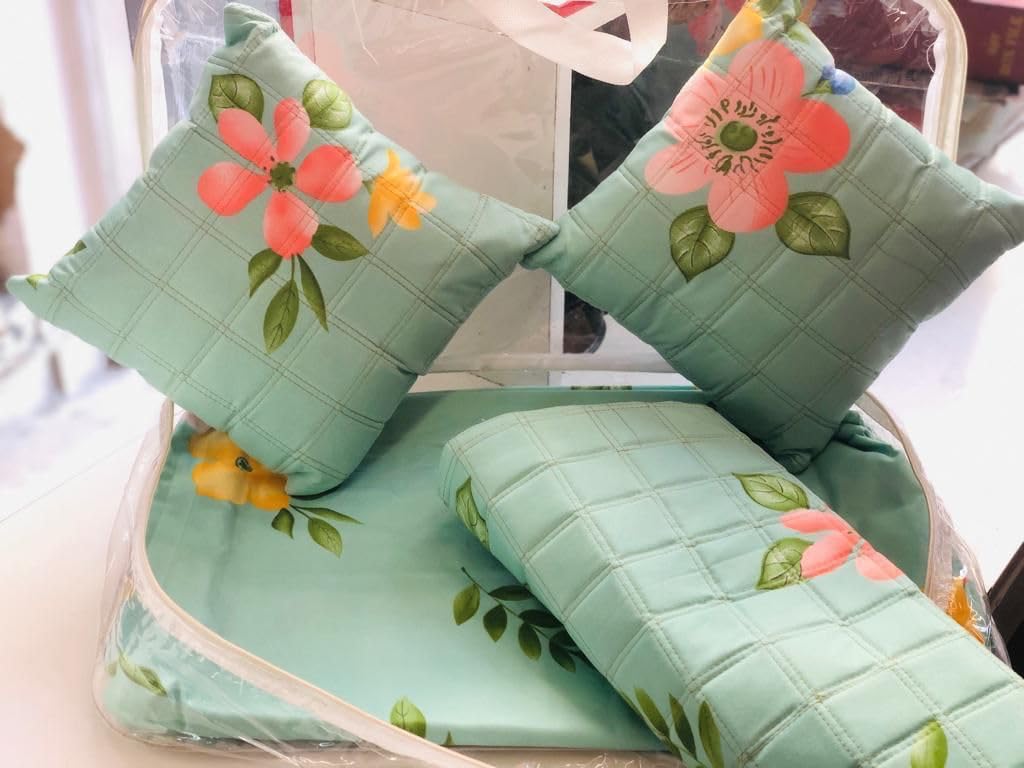 Mokshay 5 Piece Bedding Set, Glace Cotton, Queen Size, Greenand Orange Floral Print, with Quilted Cushion Covers and Bedsheet-image-21