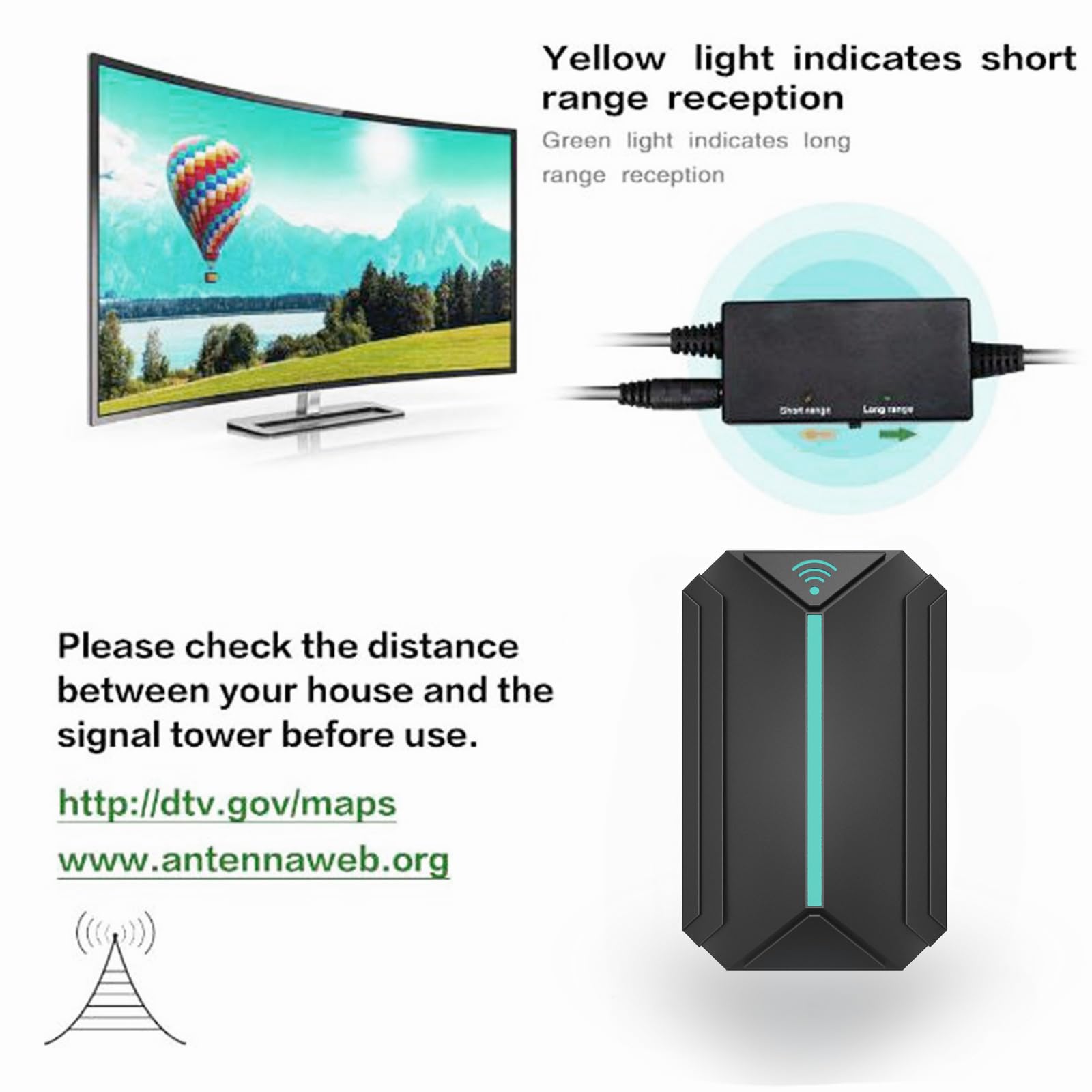 Antenna TV interna per canali locali, antenna Smart TV, antenna a lungo raggio per HDTV senza cavo, amplificatore di segnale amplificato a lungo raggio di ricezione con oltre 1200 miglia, supporta 4K