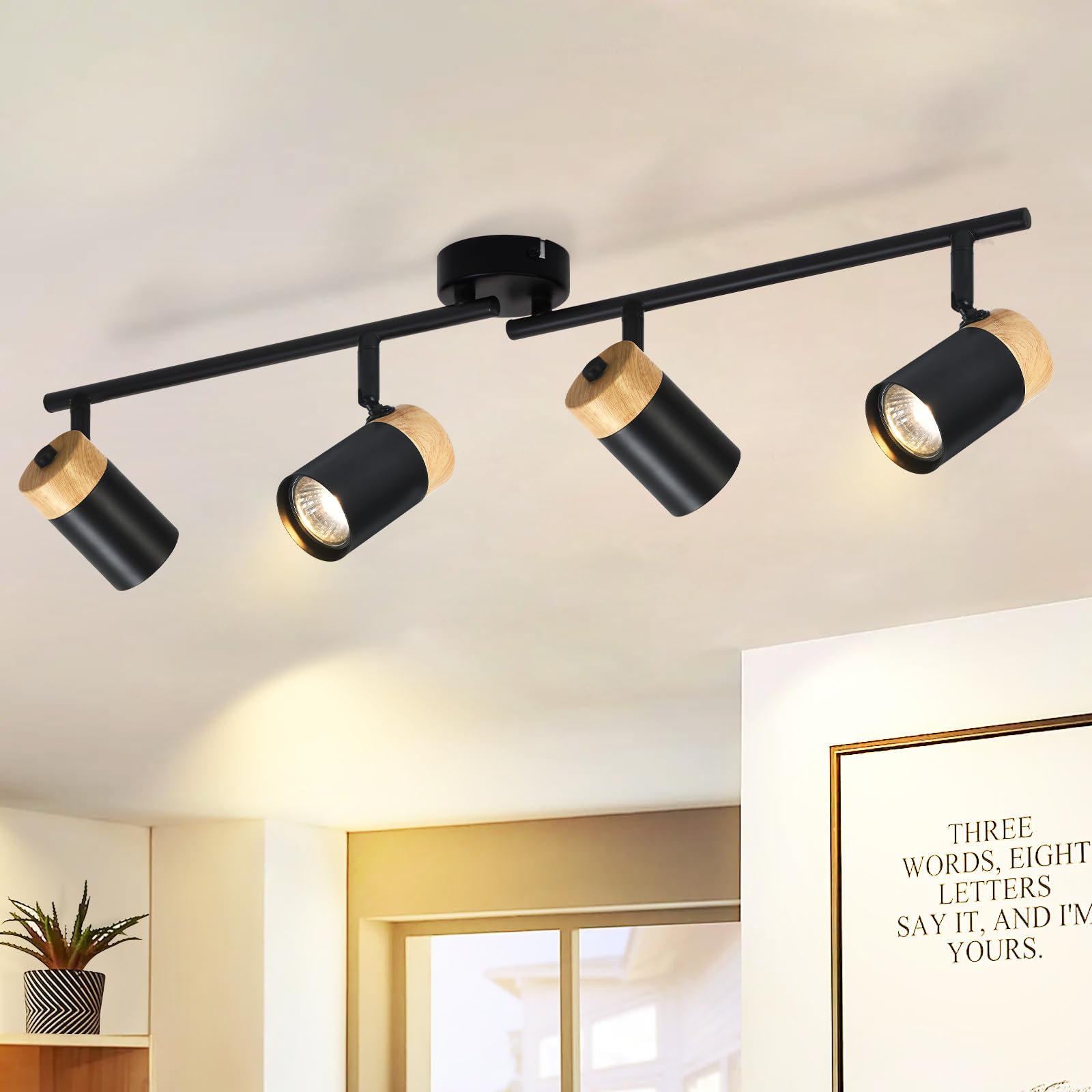 Glitzerlife Plafón de madera negro Plafón - 4 brazos GU10 LED orientable 330° Foco para salón cocina habitación infantil Sin bombillas