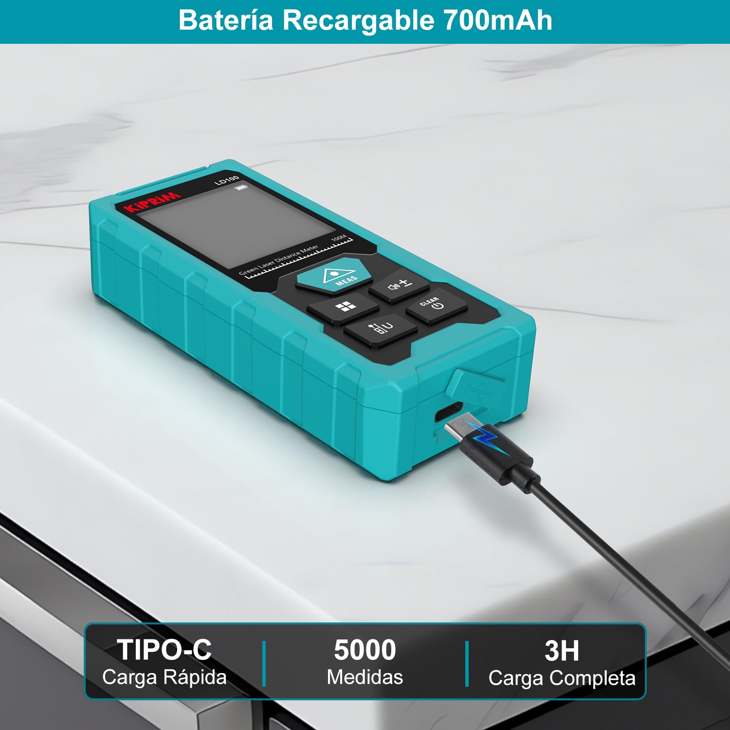 Kiprim Medidor Láser Distancia, 100m Alcance, Precisión de ±2mm para Metro Láser, Clase II Láser, Recarga USB-C, Nivel Electrónico, 10 Modos Medición con Panel Reflectante - LD100